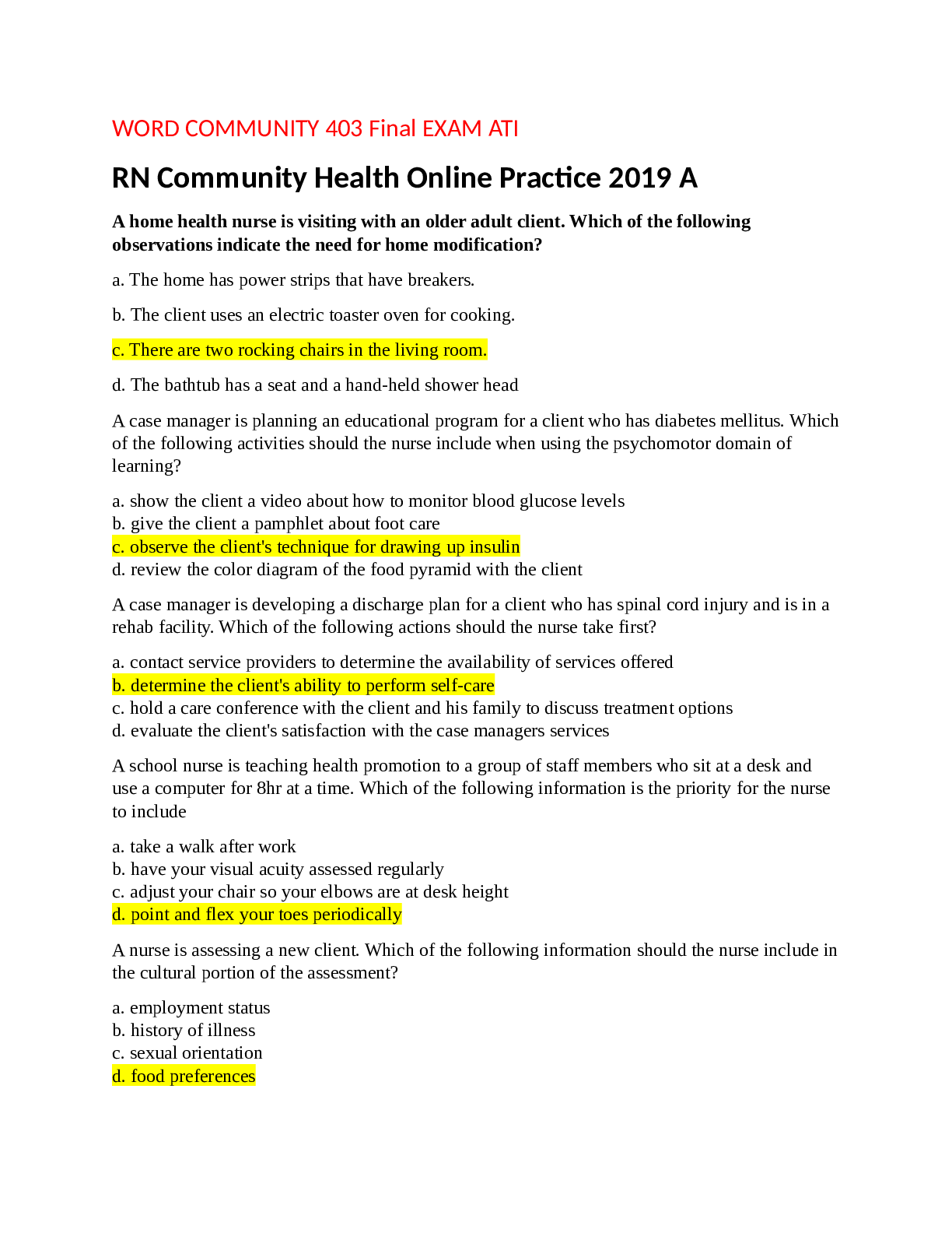 Preview image for WORD COMMUNITY 403 Final EXAM ATI RN Community Health Online Practice